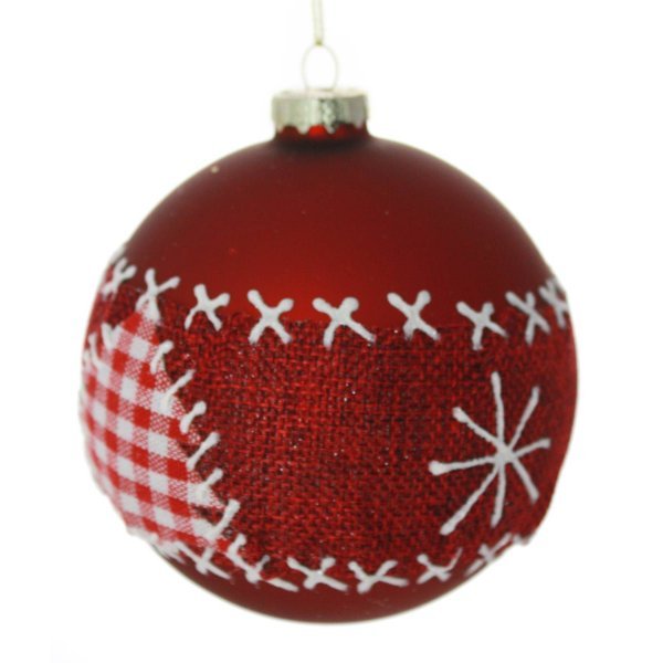 Χριστουγεννιάτικη Γυάλινη Κόκκινη Μπάλα, με Σχέδια από Λινάτσα (10cm)